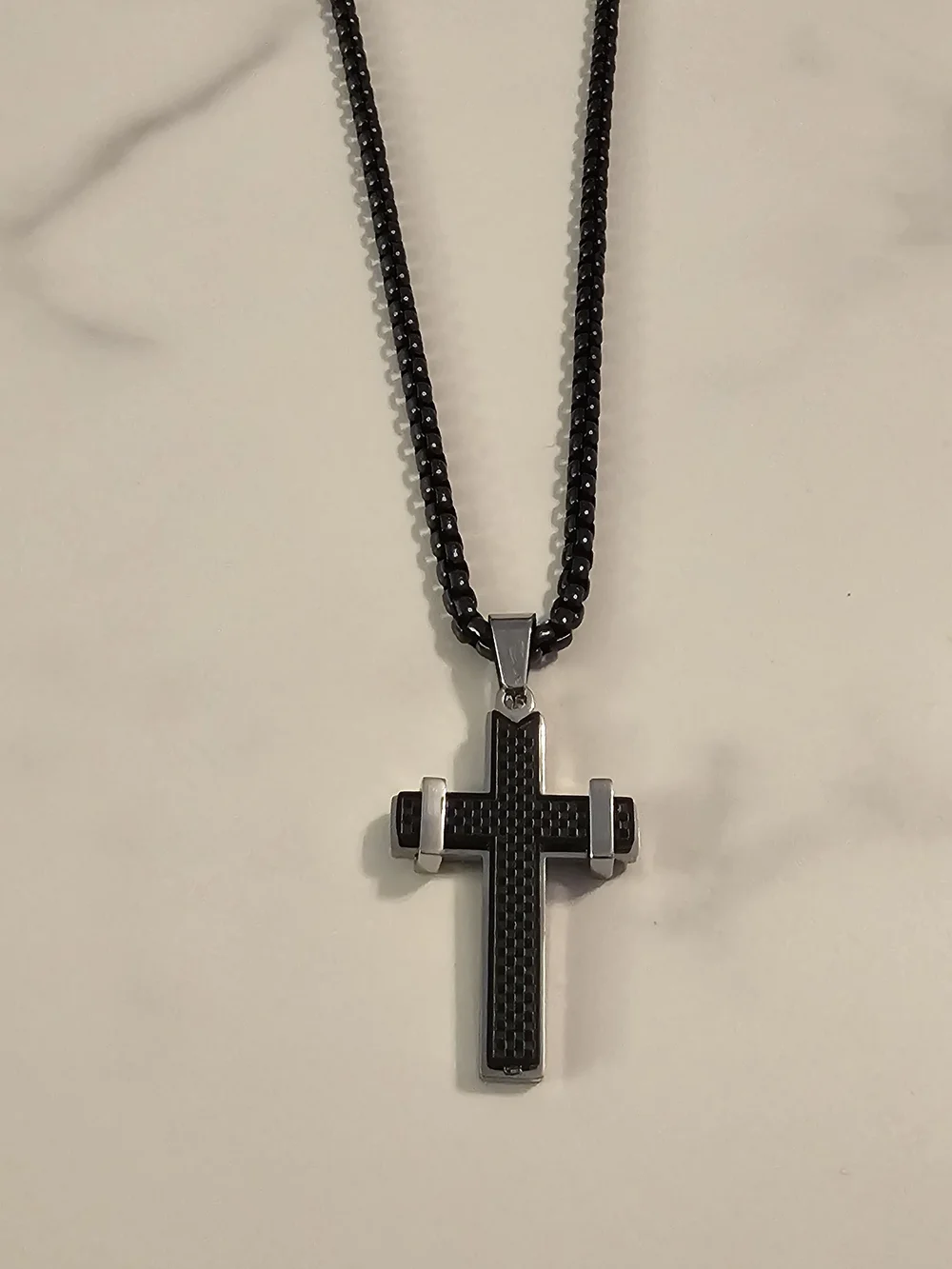 Men's Black Stainless Steel Cross Pendant Necklace with Carbon-Fiber Texture